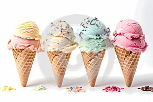 Set of various ice cream scoops of different colors and flavours in waffle cones