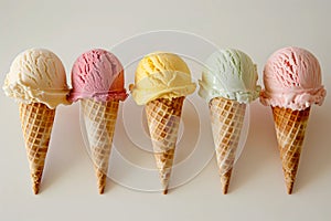 Set of various ice cream scoops of different colors and flavours in waffle cones