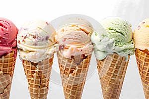 Set of various ice cream scoops of different colors and flavours in waffle cones