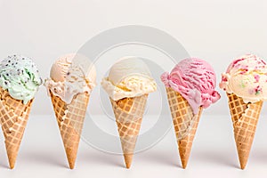Set of various ice cream scoops of different colors and flavours in waffle cones photo