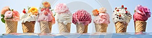 Set of various ice cream scoops in waffle cones
