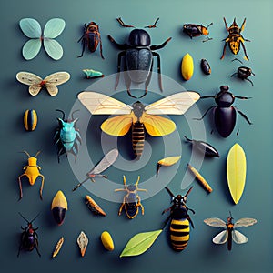 Set of various insects on a dark background. generative AI.