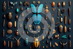 Set of various insects on a dark background. generative AI.