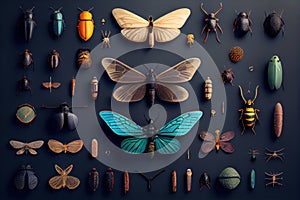 Set of various insects on a dark background. generative AI.
