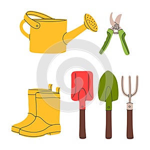 Set of various items for the garden. Gardening Tools. Secateurs, scissors, shovel, rubber boots