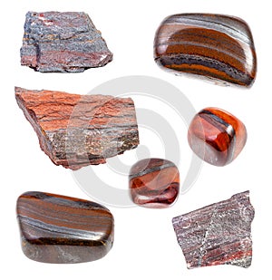 Set of various Jaspilite rocks isolated on white