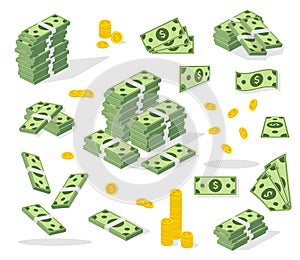 Set a various kind of money. Banking process. Packing in bundles of bank notes, bills fly, gold coins. Flat vector