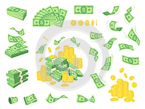 Set a various kind of money. Packing in bundles of bank notes, bills fly, gold coins. Vector cartoon money illustration.