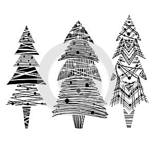 Set of various lagom firs with hatching and scribble. Hand-drawn Christmas trees with toys. Vector ink element