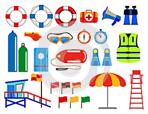 Set of various lifebuoy isolated or lifeguard rescue equipment or safety beach worker with life jacket concept. eps 10 vector