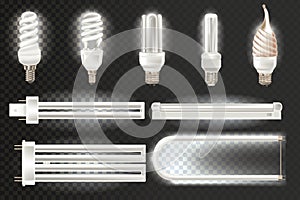 Set of various light realistic fluorescent lamps, different shapes, bandwidth.