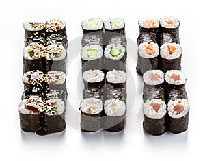 Set of various maki rolls over white
