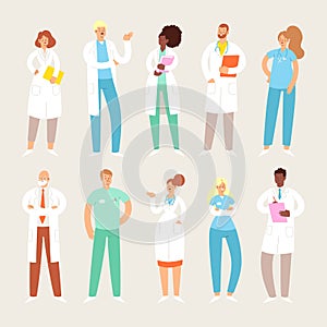 Set of various male and female medicine workers. Group of hospital medical specialists standing together: doctor, surgeon, physici