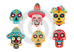 Set of various mexican skulls with ornaments. Dia de Los Muertos or Day of the Dead composition.
