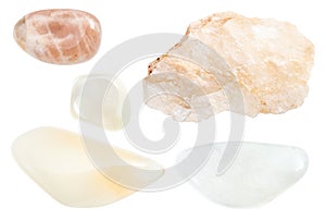 Set of various moonstone gemstones isolated