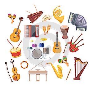 Set of various musical instruments for festivals, concerts, holidays.