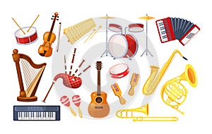 Set various musical metal wood acoustic instruments