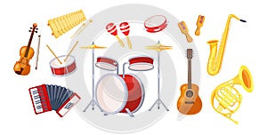 Set various musical metal wood acoustic instruments: violin, tambourine, harp, trombone, bagpipe, saxophone, accordion, guitar,