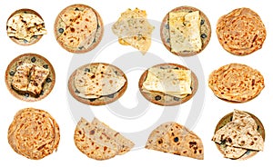 Set of various naan Indian flatbread isolated