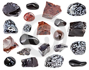 Set of various Obsidian rocks isolated on white