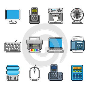 Set of various office equipment, symbols and objects.