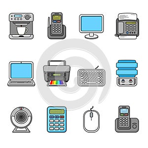 Set of various office equipment, symbols and objects. Colorful outlined icon collection.