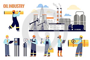 Set of various oilmen in oil or gas industry in flat vector illustration