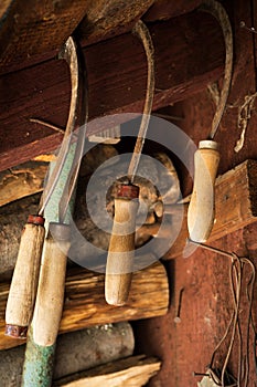 Set of various old rusty sickles, hanging in a shed photo