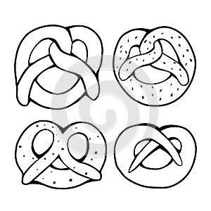 Set of various outline pretzels. Objects are separate from the background. German appetizer. Treats for the holidays. Bakery