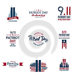 Set of various Patriot Day graphics, cards and banners, emblems, symbols, icons and badges.