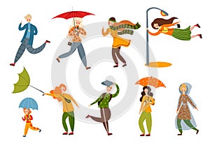 Set of various people on a rainy and windy day. Vector illustration in flat cartoon style.