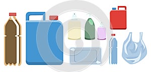 Set of various plastic bottles, container and bag. Plastic waste, isolated on white background