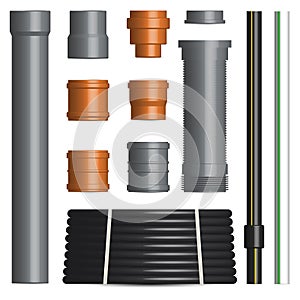 Set of various plastic pipes with connectors, vector illustration
