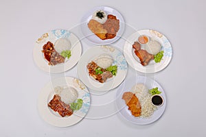 set of various plates of food, deep-fried chicken, and deep-fried pork isolated on white background, top view.