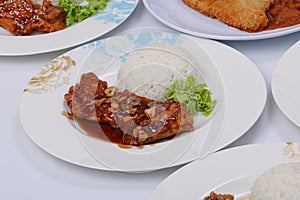 set of various plates of food, deep-fried chicken, and deep-fried pork isolated on white background, top view.