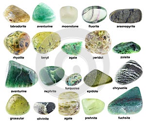 Set of various polished green minerals with names