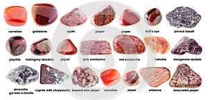 Set of various polished red stones with names