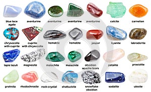 Set of various polished stones with names isolated