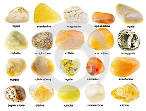 Set of various polished yellow rocks with names