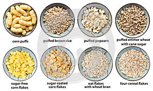 Set of various precooked grains in bowl with names