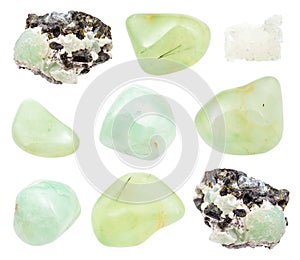 Set of various Prehnite gemstones isolated