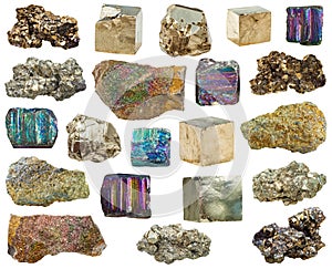 Set of various pyrite mineral crystals, stones