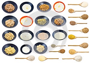 Set of various raw and cooked different wheats