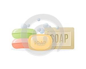 Set various realistic, colored solid soaps with foam and bubbles.