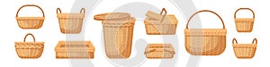 Set of various realistic empty wicker baskets vector illustration. Collection of straw handmade container or pannier