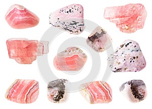 Set of various rhodochrosite stone cutout on white