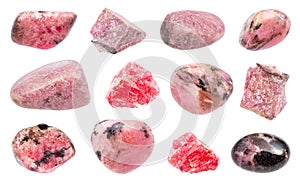 Set of various Rhodonite gemstones isolated photo