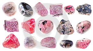 Set of various rhodonite stones cutout on white