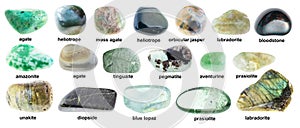 Set of various rolled green rocks with names