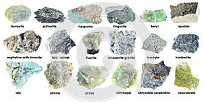 Set of various rough green rocks with names cutout